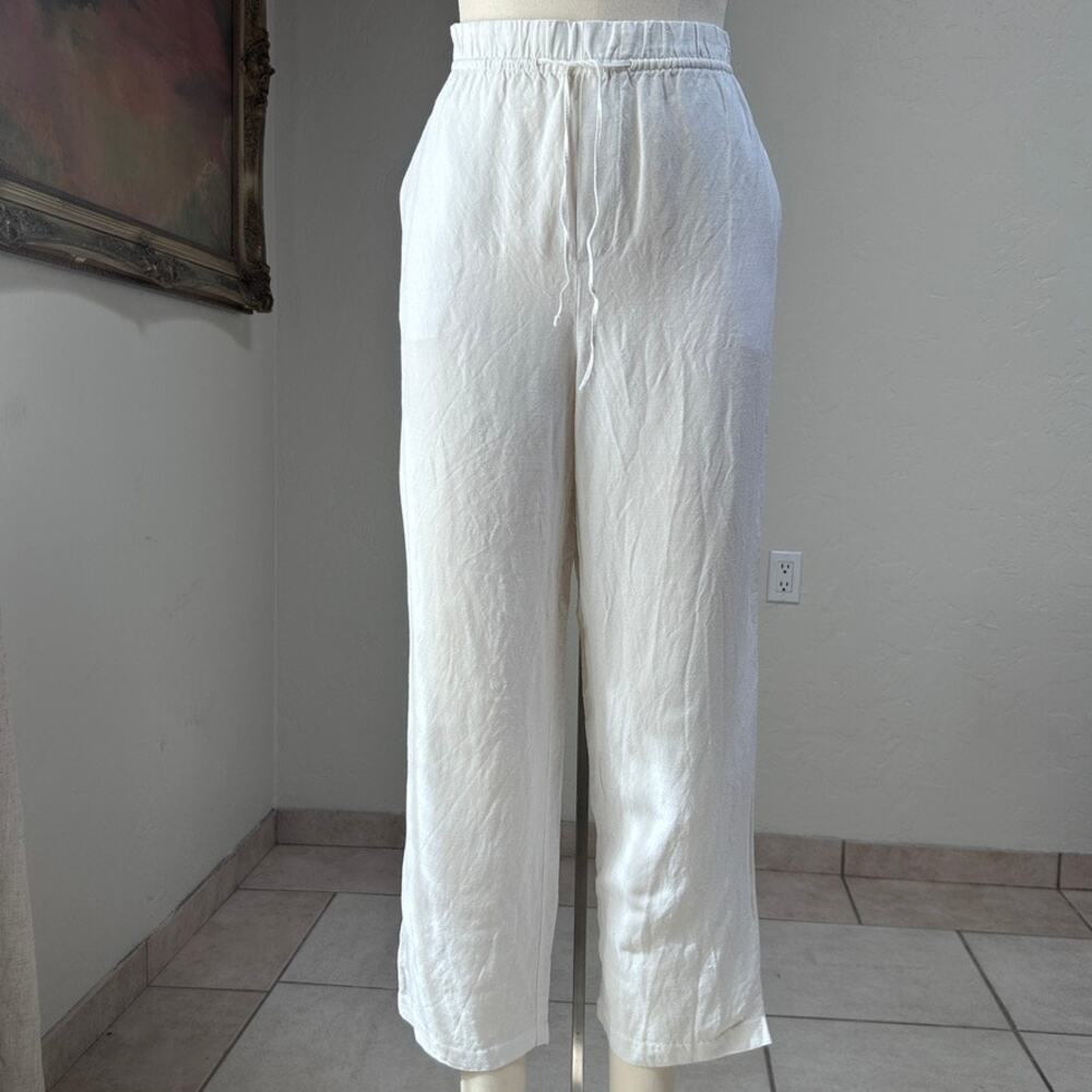 Wide Leg Pull On Tie Waste Linen Pants Pockets Lightweight Capsule White Women M